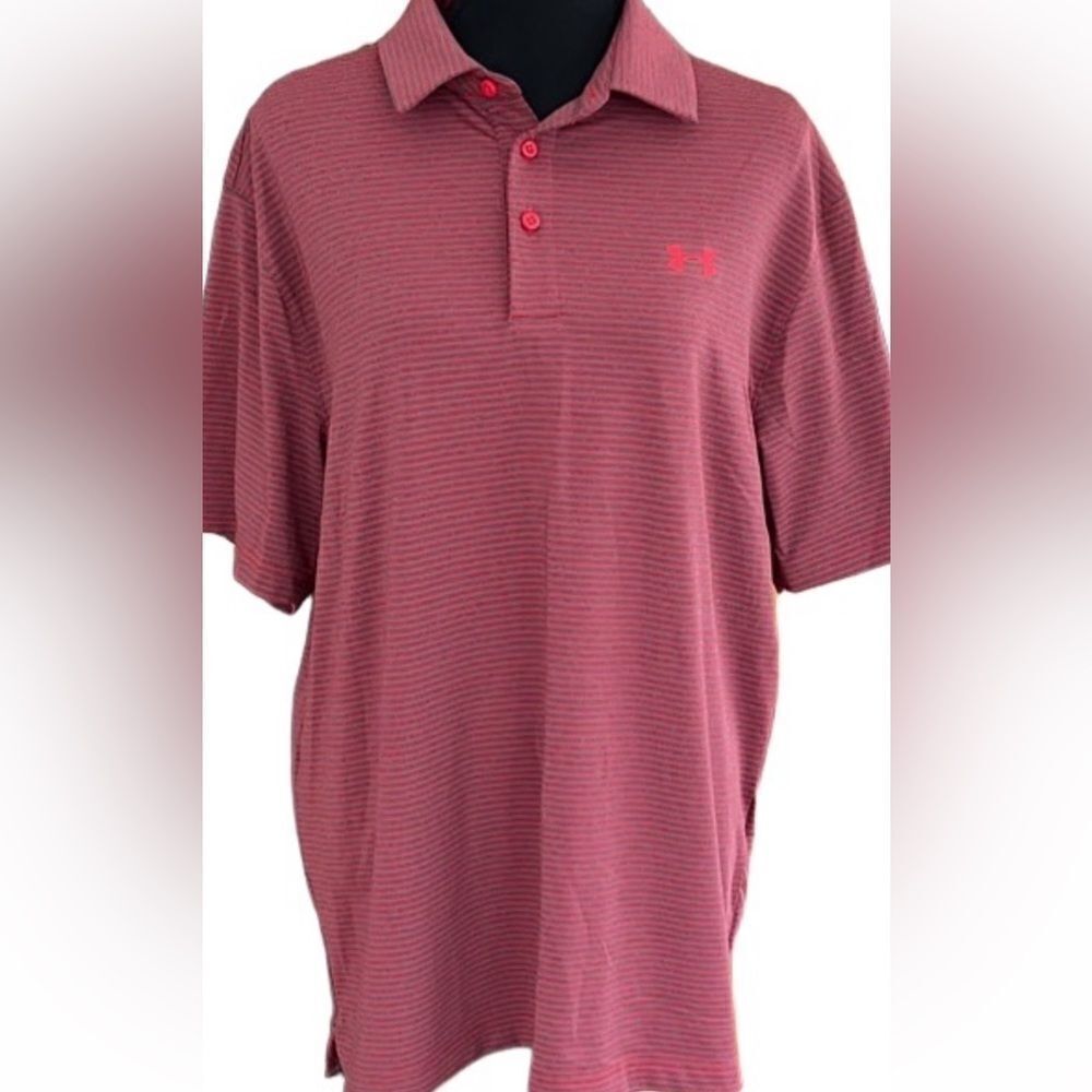 Under Armour red/gray striped shirt sleeved polo shirt, Loose fit Heatgear sz L